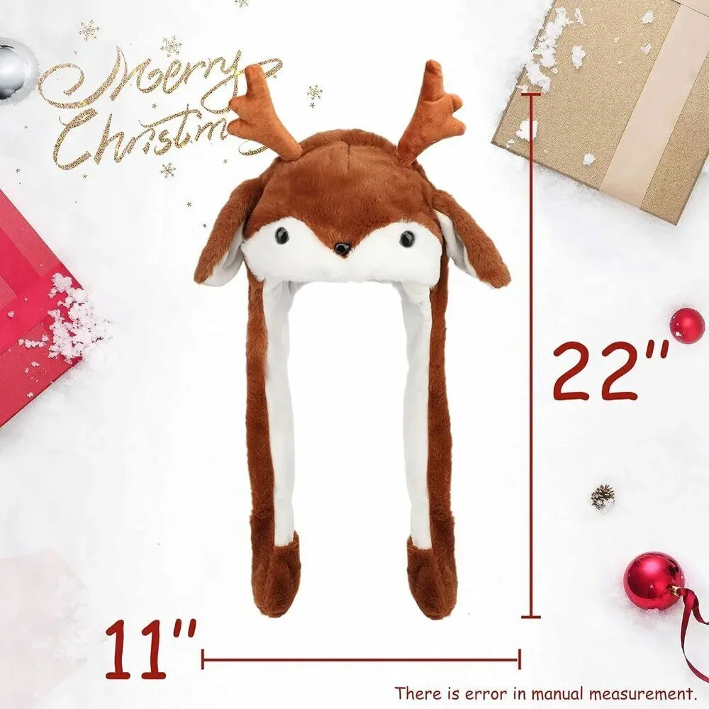 Kids Elk Animal Hat with Ears Moving Jumping Pop Up Beating Plush Holiday